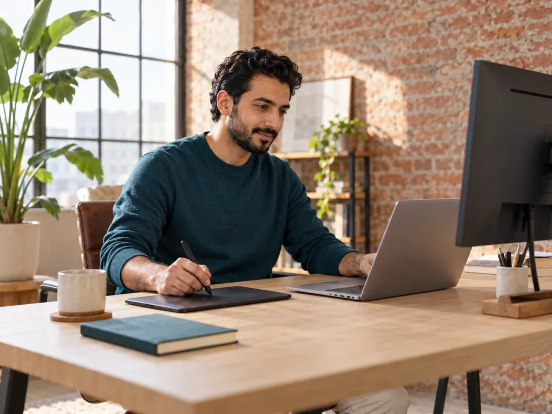 Freelance designer working at a desk in a loft office