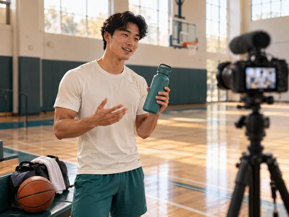 College basketball athlete recording a brand deal courtside