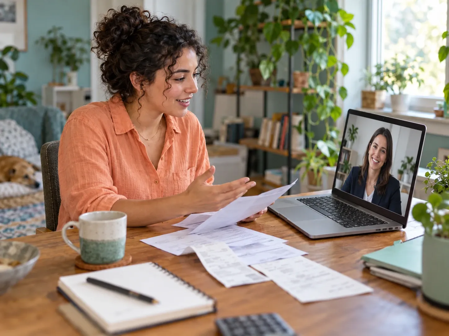 Independent earner reviewing expense records with a tax expert on a video call from her home workspace